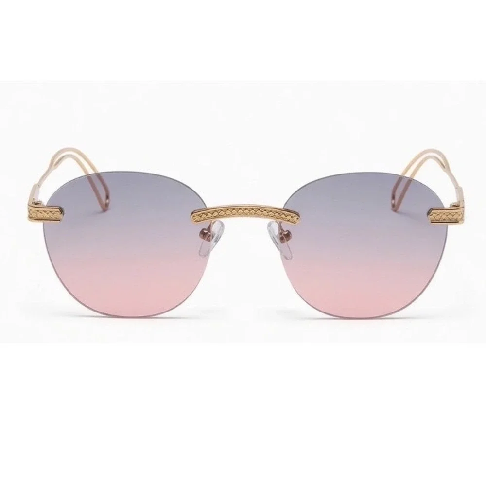 Mens Frameless Round Sunglasses Gold Metal Purple Pink Lens Retro Festival Music